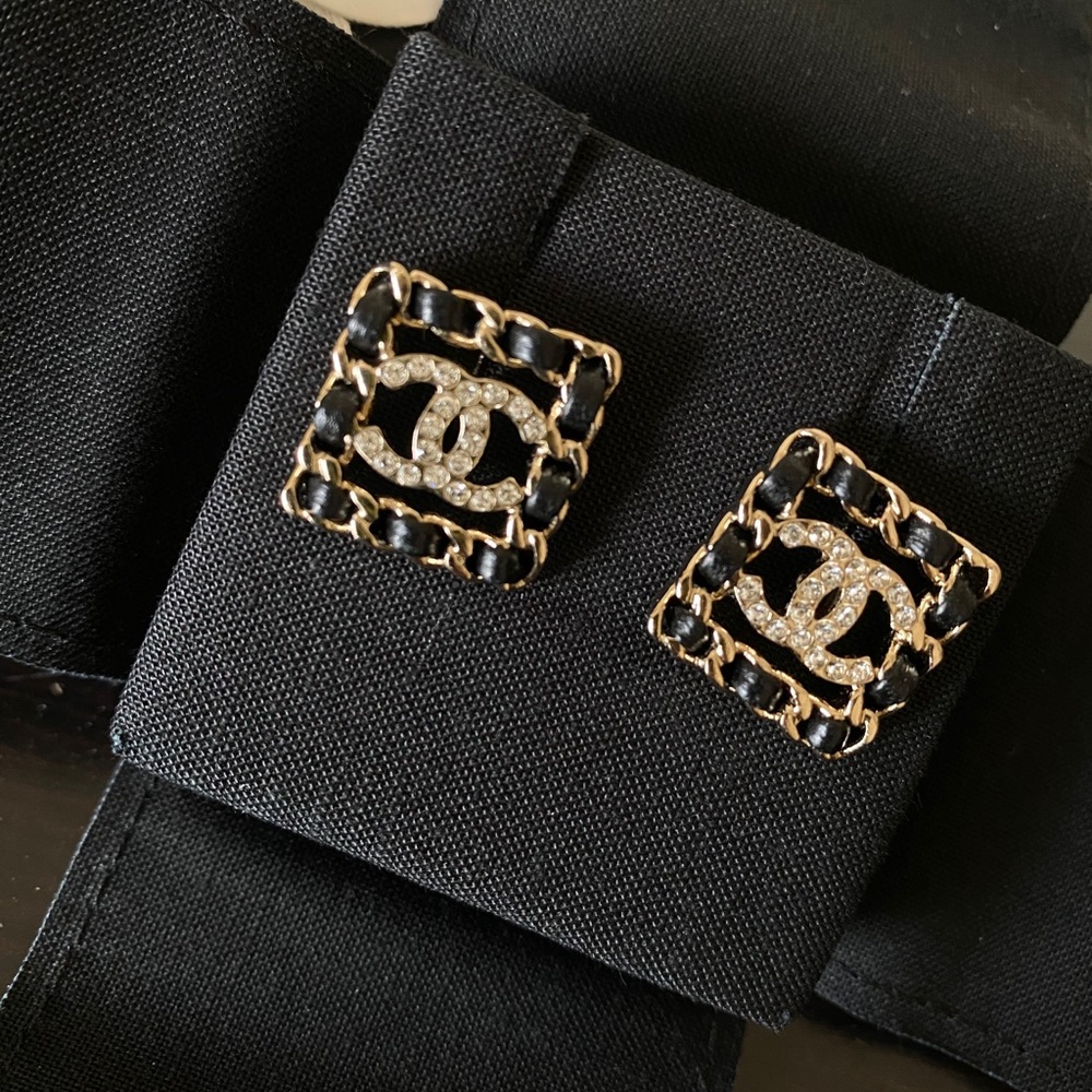 CHANEL Calfskin leather woven CC crystal earrings